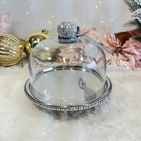 Glitz Chrystals Footed CAKE PASTRY KEEPER Glass Dome Serving Stand Jeweled New - Picture 1 of 7